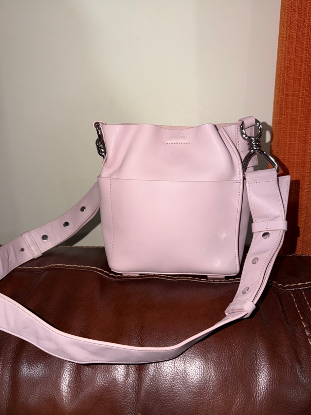 ‼️All Saints Captain Pink Leather Bucket Crossbody Bag